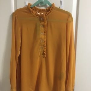Mustard gold sheer blouse ruffle collar